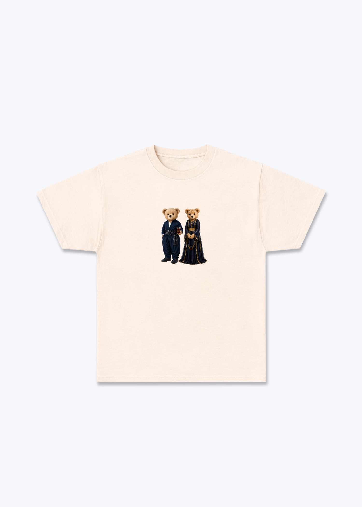 Hirç & Hirçe Blue T-Shirt - Beige Front (Designed)