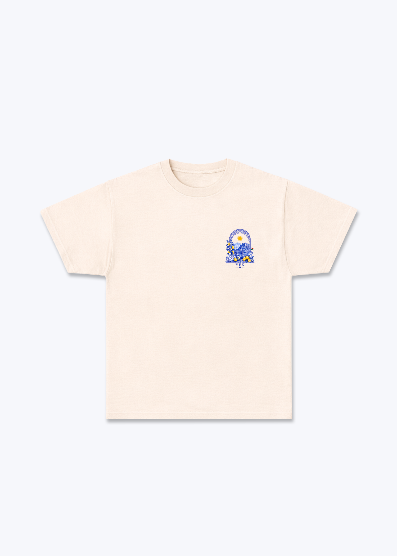 YEK Roj Blue T-Shirt - Beige Front (Designed)