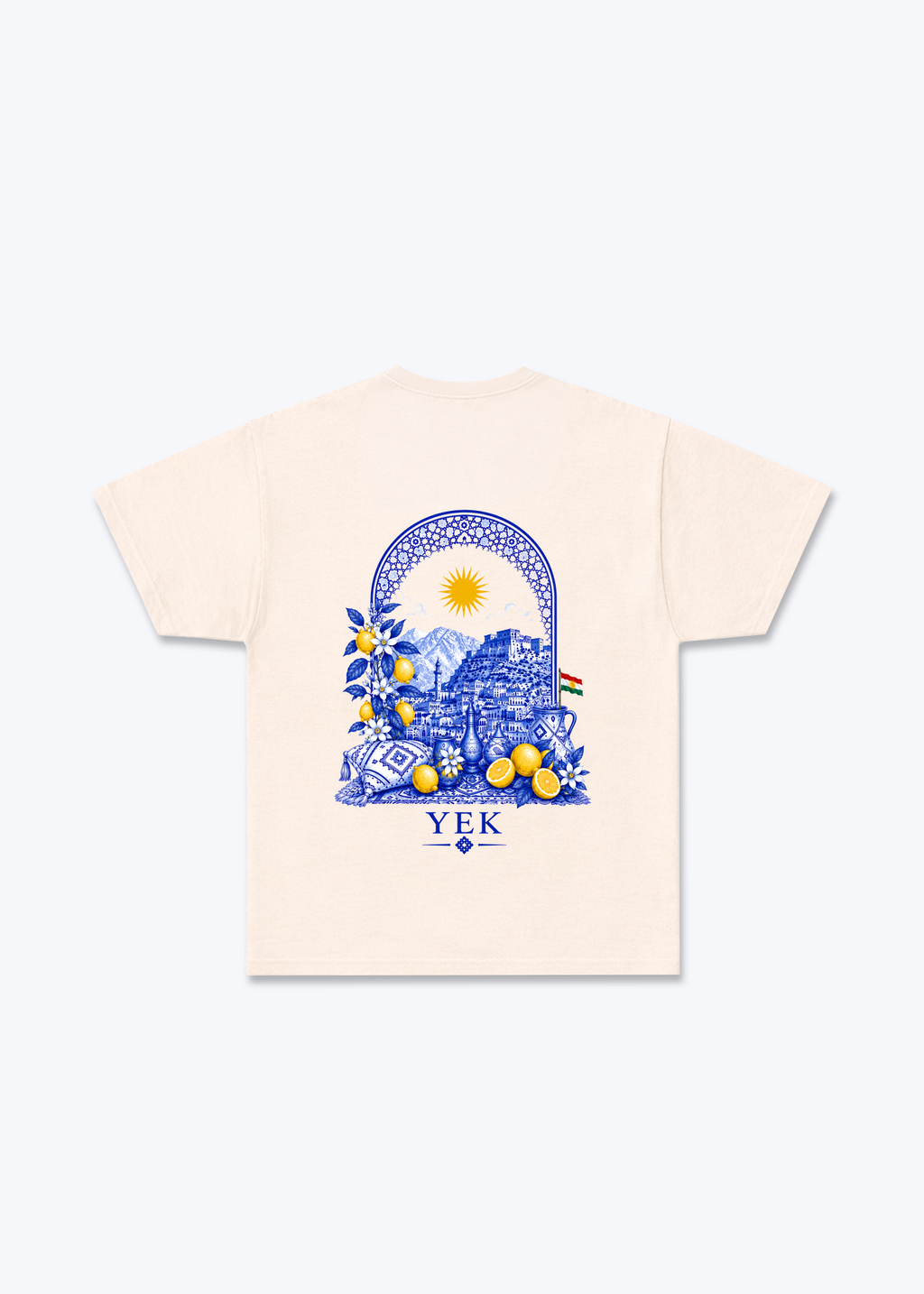 YEK Roj Blue T-Shirt - Beige Back (Designed)