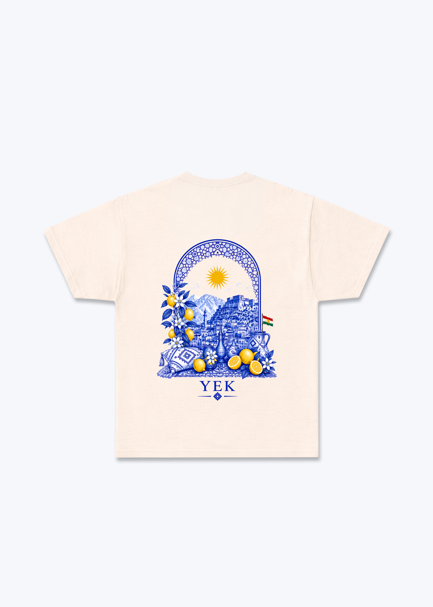 YEK Roj Blue T-Shirt - Beige Back (Designed)