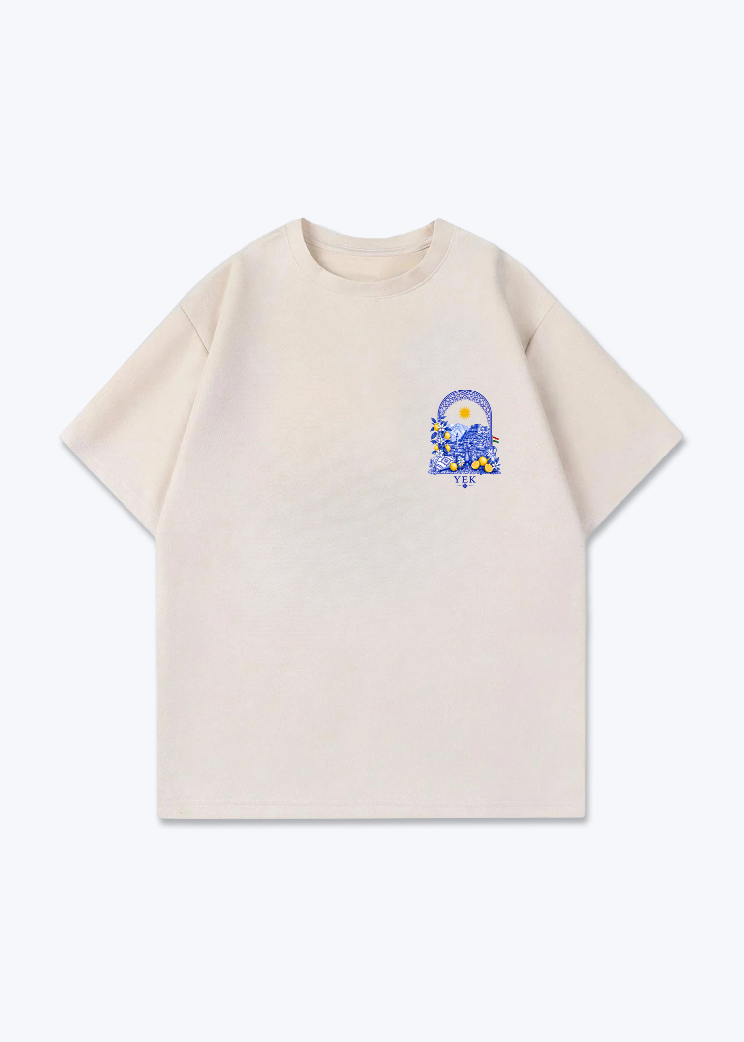 YEK Roj Blue Oversized T-Shirt - Beige Front (Designed)