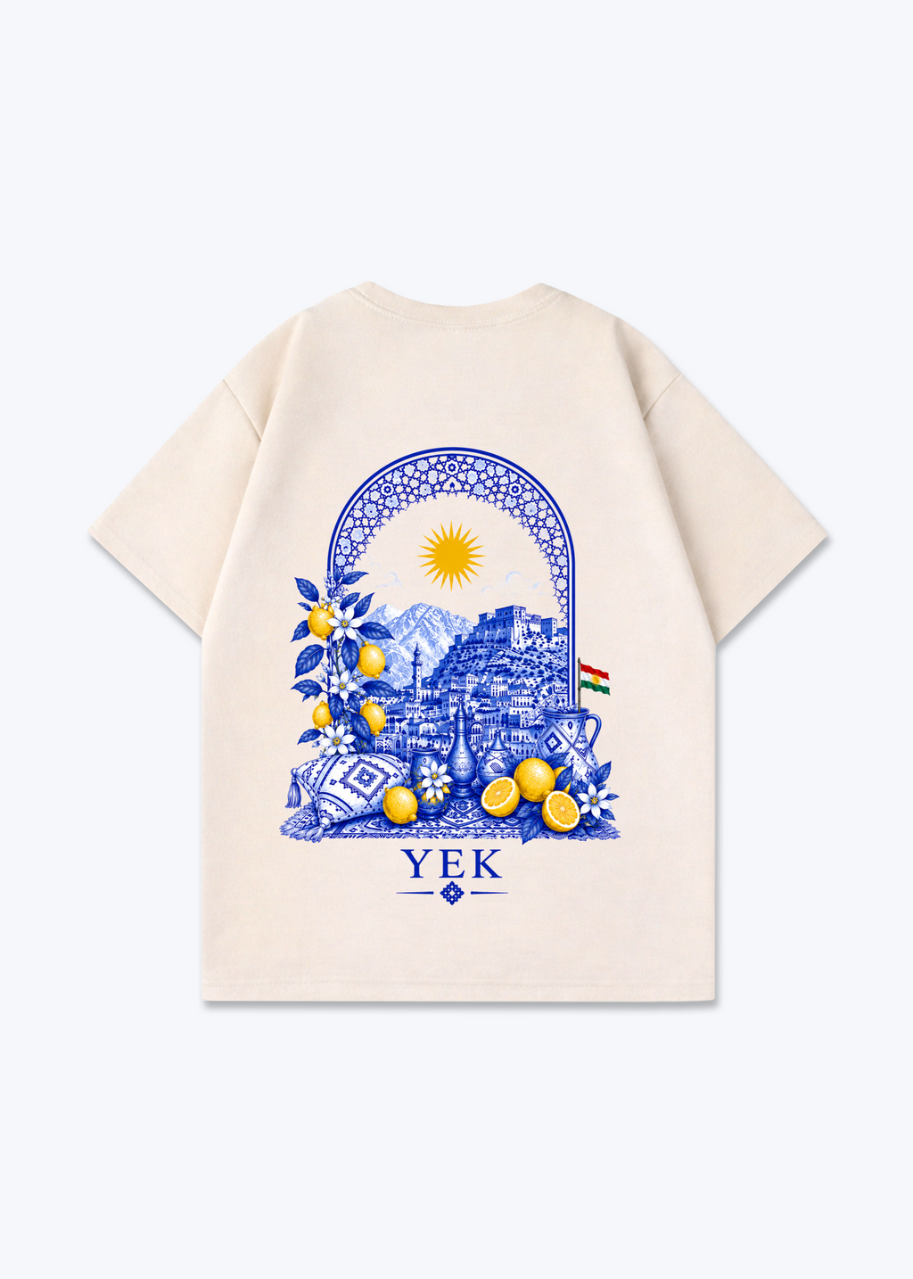 YEK Roj Blue Oversized T-Shirt - Beige Back (Designed)