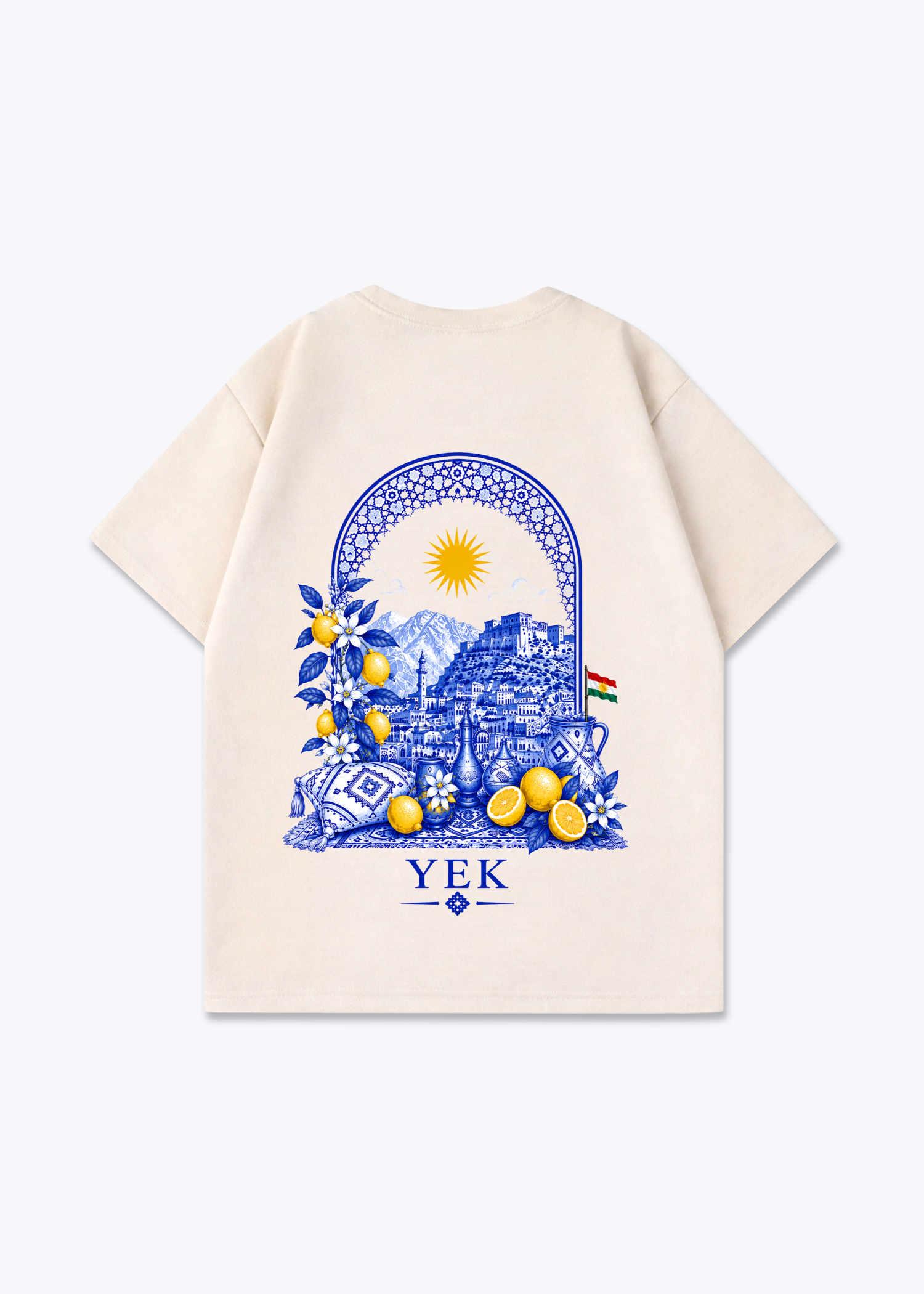 YEK Roj Blue Oversized T-Shirt - Beige Back (Designed)