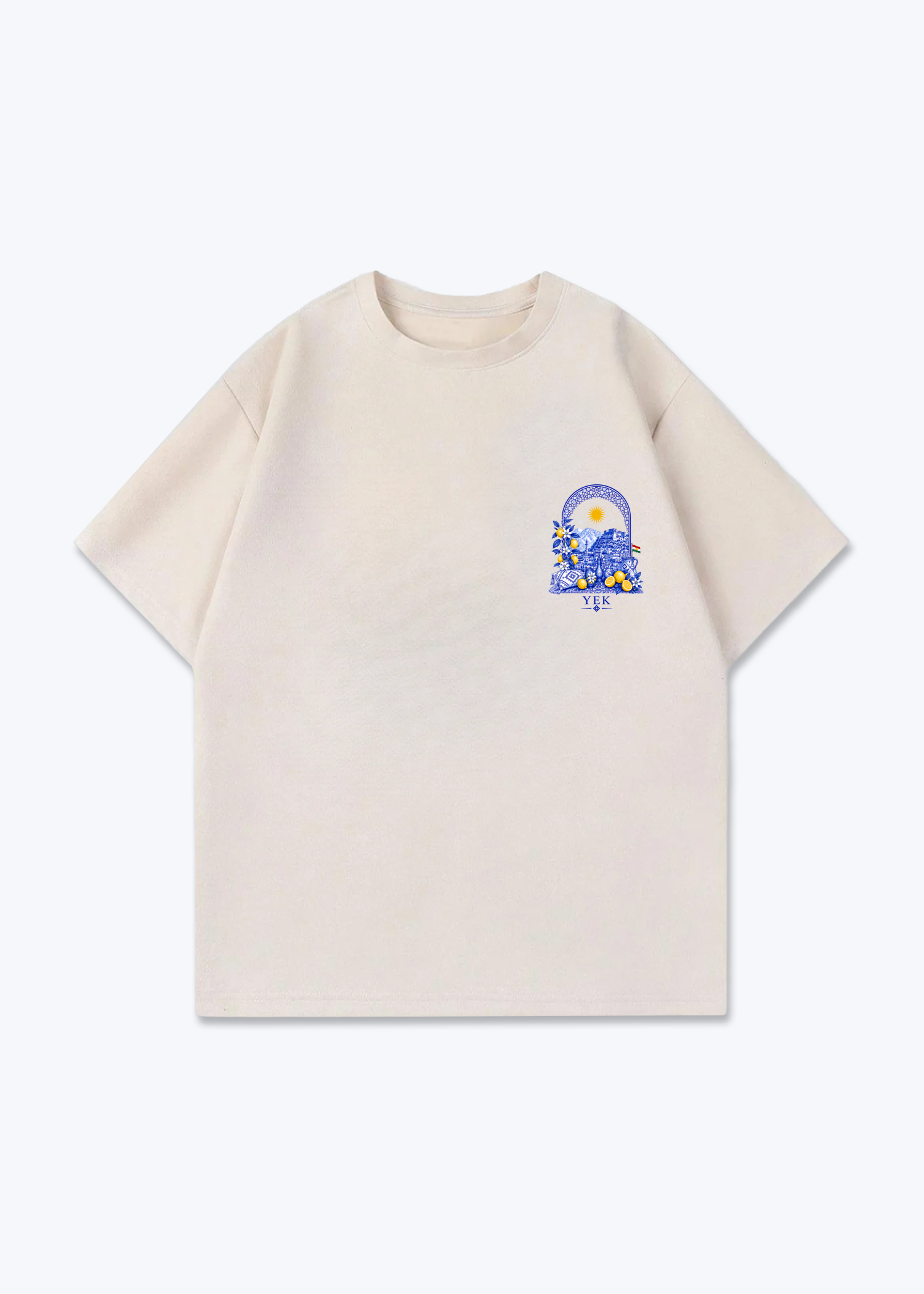 YEK Roj Blue Oversized T-Shirt - Beige Front (Designed)