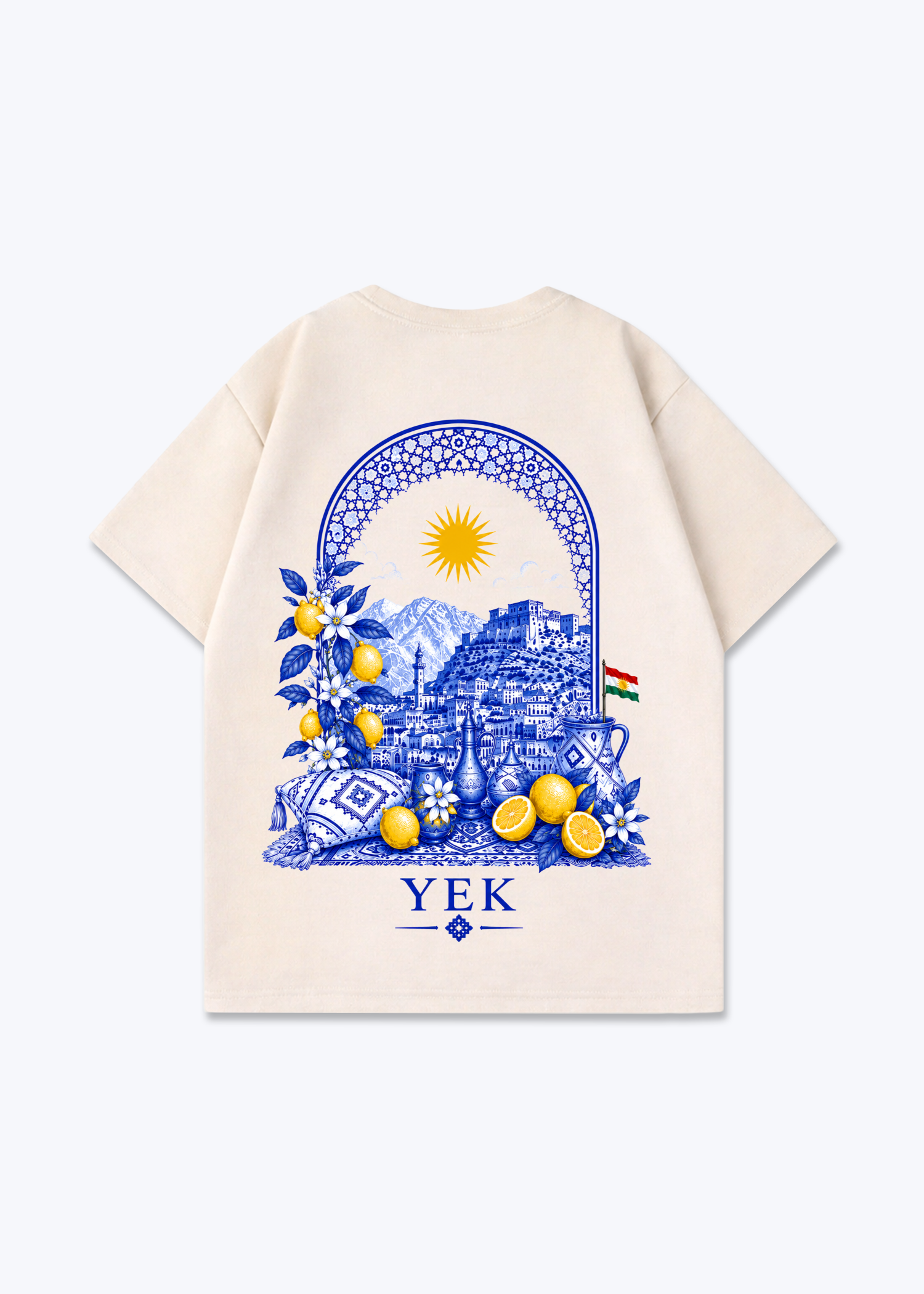 YEK Roj Blue Oversized T-Shirt - Beige Back (Designed)