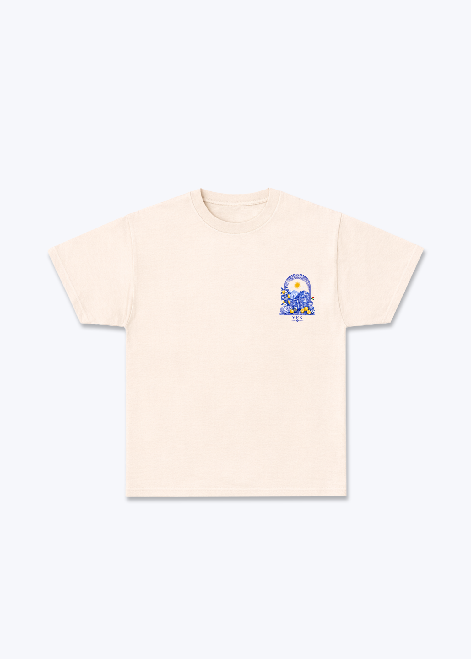 YEK Roj Blue T-Shirt - Beige Front (Designed)