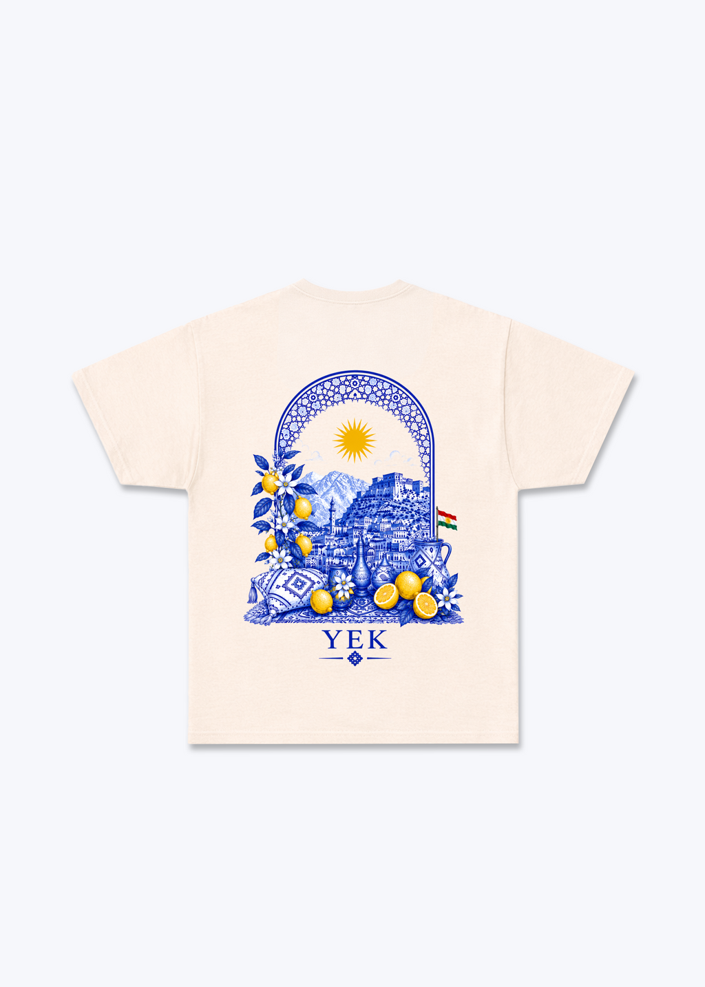 YEK Roj Blue T-Shirt - Beige Back (Designed)